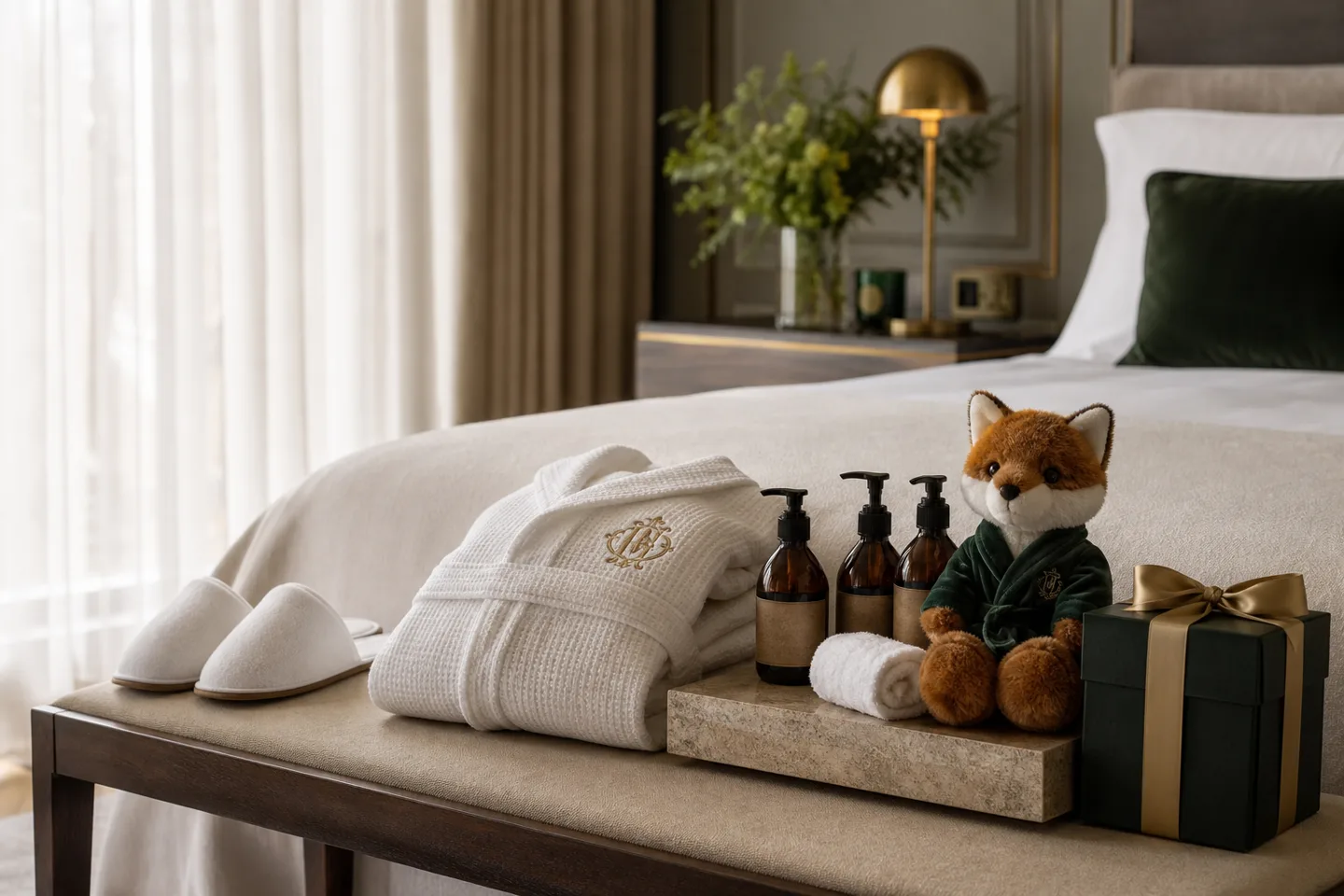 A hotel guest set with the same logo: embroidered bathrobe, slippers, amenity kit, folded towel and a plush mascot